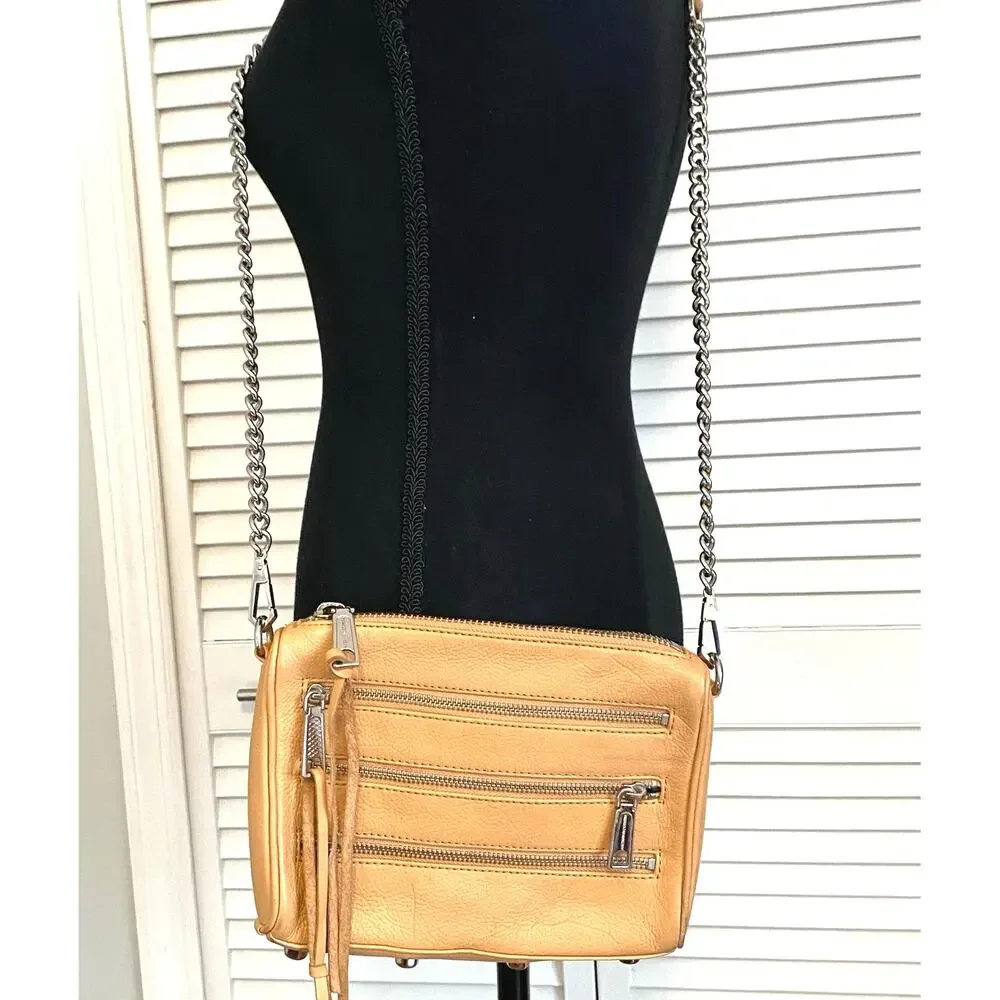 Rebecca Minkoff Chain link Tan Leather Shoulderbag triple zipper front Crossbody
